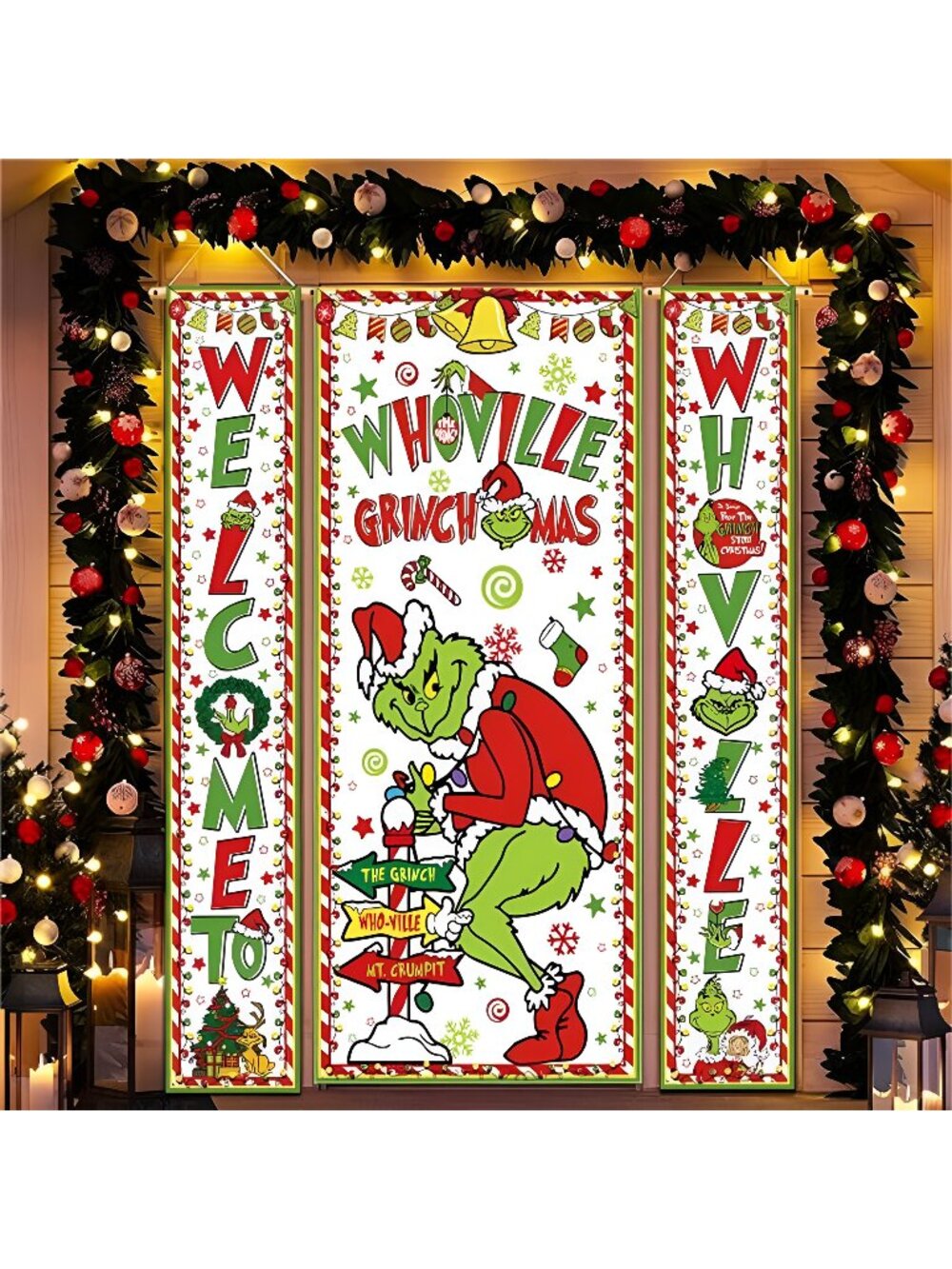 3Pcs Christmas Decor, Christmas Porch Sign Door Cover Banner Set for Christmas